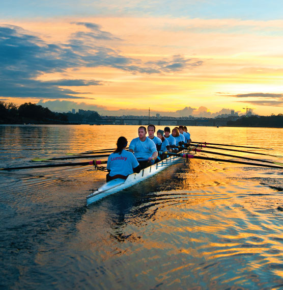 Members of the Lumley Insurance rowing team, training for a corporate challenge regatta which raised money to support rowing programs for schools in the Sydney metropolitan area.