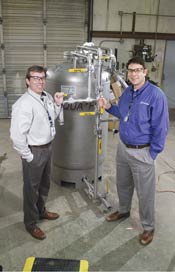 Darold Morris (left) and Alex Zarraby (right) developed a process that breaks down ethylene glycol into two ions that can be effectively removed with resin. The process consists of ultraviolet light treatment with hydrogen peroxide injection, followed by a Duratek liquid waste processing system. This process earned the duo Best Innovation  recognition in 2004.