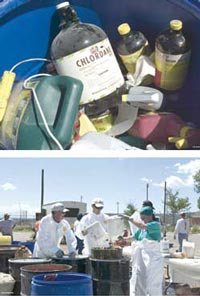 top: Chlordane, a pesticide banned by the Environmental Protection Agency in the late 1980s, was one of the chemicals turned in by a resident at the collection. above: Mike Pope, left, of Duratek, and other volunteers pour fungicide into a 55-gallon drum at the household hazardous waste collection day. 