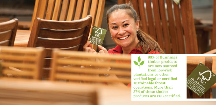 99% of Bunnings timber products are now sourced from low-risk  plantations or other verified legal or certified sustainable forest operations. More than 37% of these timber products are FSC certified.