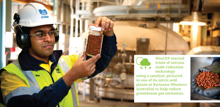 WesCEF started trials of nitrous oxide reduction technology  using a catalyst, pictured, in one of its nitric acid plants at Kwinana (Western Australia) to help reduce greenhouse gas emissions.