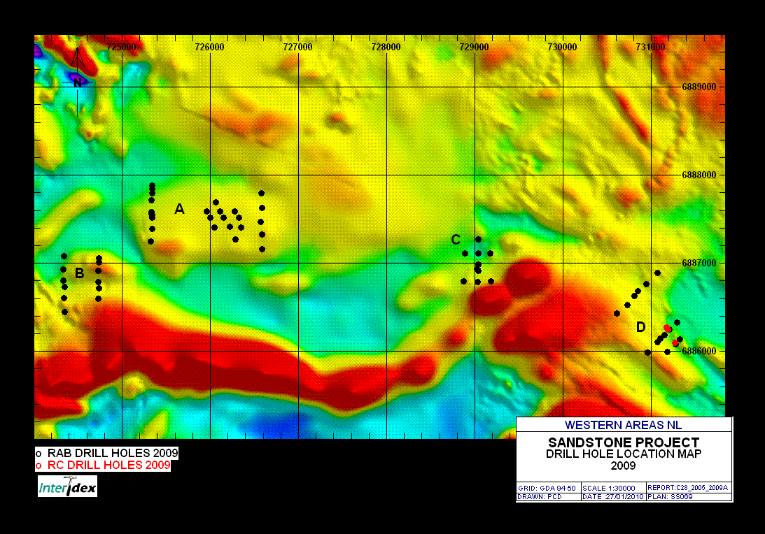 Location plan showing recent RAB/RC Drilling over aeromagnetics