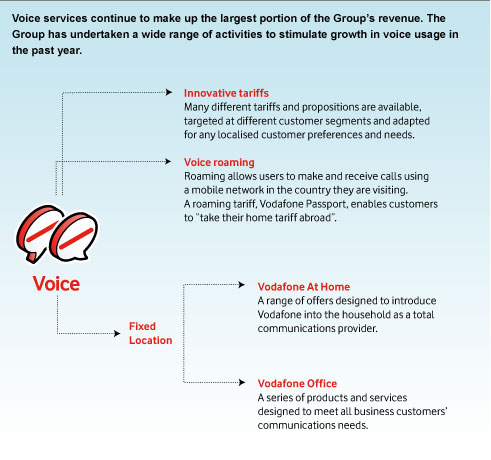 image showing voice services, broken down into Fixed location (Vodafone at Home and Vodafone Office), Voice Roaming and Vodafone Passport