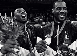 Kobe Bryant and LeBron James celebrate gold at the Beijing Olympic Games.