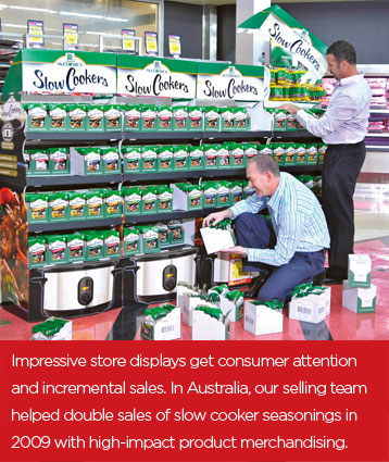Impressive store displays get consumer attention and incremental sales. In Australia, our selling team helped double sales of slow cooker seasonings in 2009 with high-impact product merchandising.
