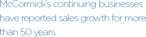 McCormick’s continuing businesses have reported sales growth for more than 50 years.